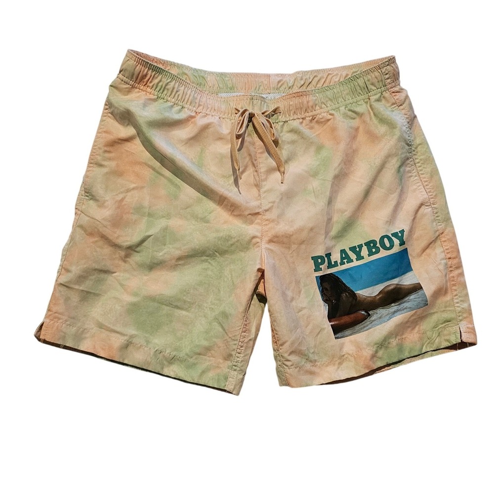 Playboy by PacSun Mens Tie Dye Swim Trunks Peach Green Graphic Print‎ Size M